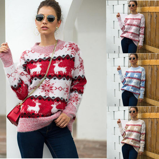 Women's Pullover Sweater Jumper Ribbed Knit Knitted Patchwork Snowflake Crew Neck Christmas Fall Winter