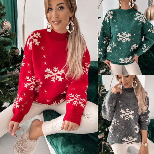 Women's Pullover Sweater Jumper Ribbed Knit Knitted Snowflake Crew Neck Christmas Fall Winter