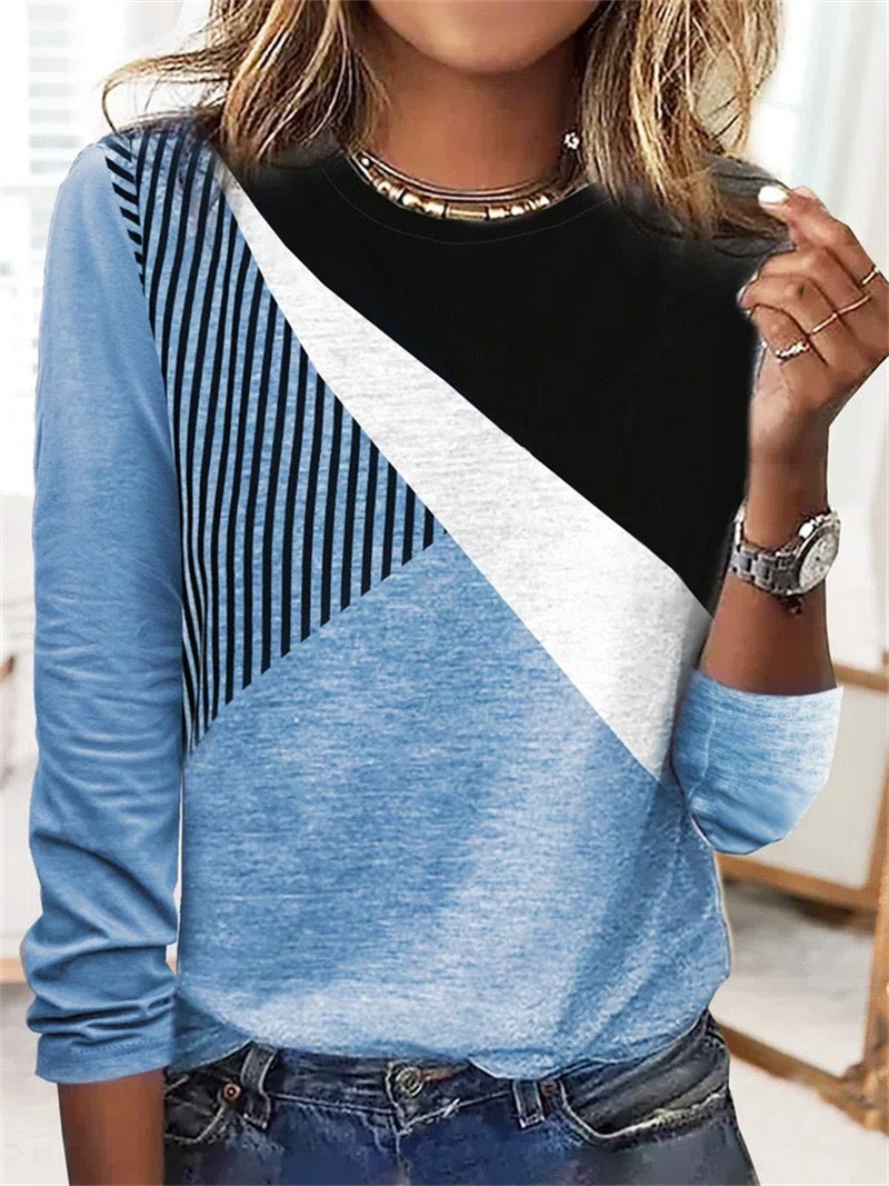 Women's Shirt Striped Geometric Shirt Long Sleeve Print Round Neck Casual Streetwear