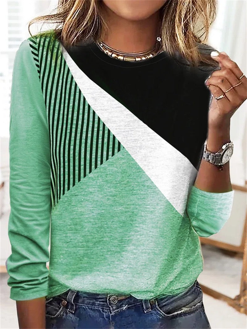 Women's Shirt Striped Geometric Shirt Long Sleeve Print Round Neck Casual Streetwear