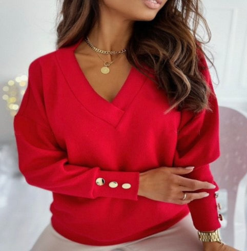 Women's Pullover Sweater Knitted Button Basic Elegant Casual Long Sleeve Sweater Cardigans V Neck