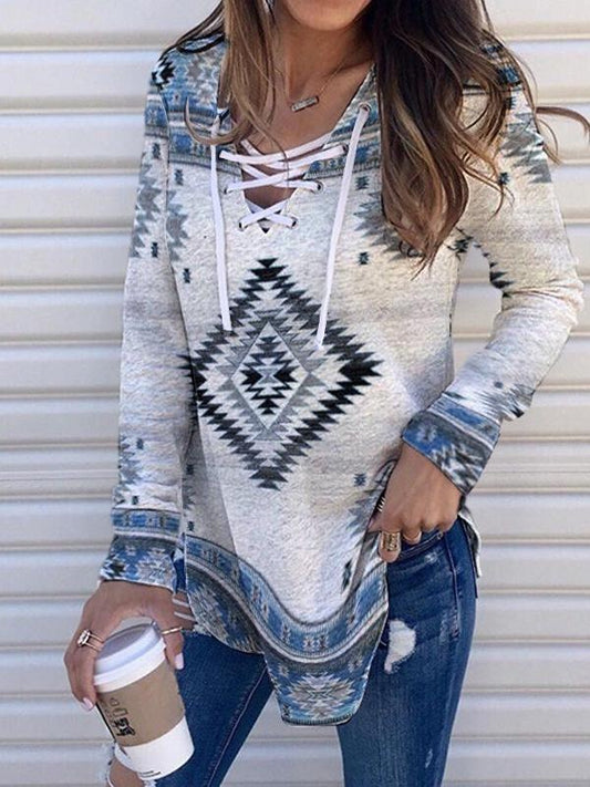 Women's Sweatshirt Pullover V Neck Geometric Cow Feather Lace up Print Daily Weekend 3D Print Streetwear