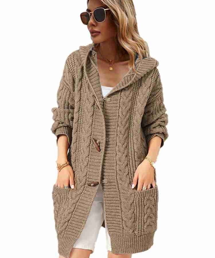 Women's Cardigan Sweater Jumper Cable Knit Tunic Pocket Knitted Pure Color Hooded Stylish Soft