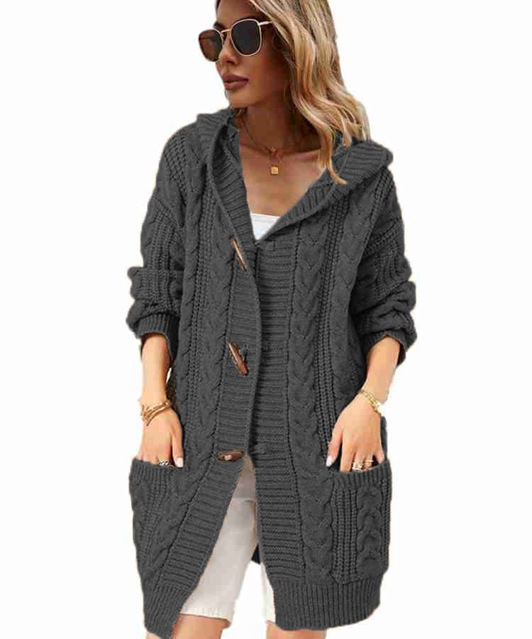 Women's Cardigan Sweater Jumper Cable Knit Tunic Pocket Knitted Pure Color Hooded Stylish Soft