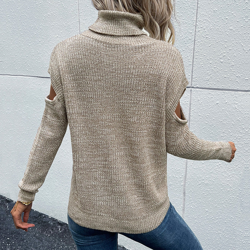 Women's Pullover Sweater Jumper Cold Shoulder Pure Color Turtleneck Stylish Casual Home Fall Winter
