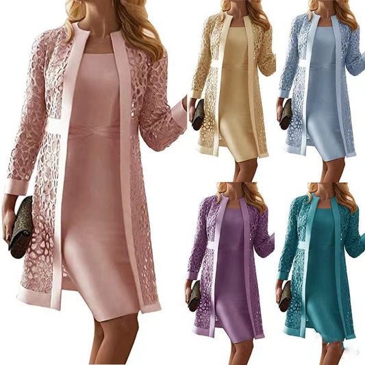 Women's Plus Size Curve Party Dress Round Neck Lace Long Sleeve Fall Spring Casual Knee Length Dress Dress