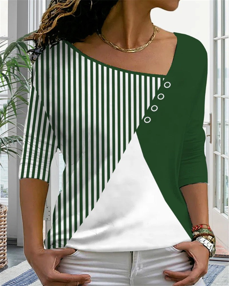 Women's T shirt Tee Color Block Geometric Casual T shirt Long Sleeve Patchwork Print V Neck