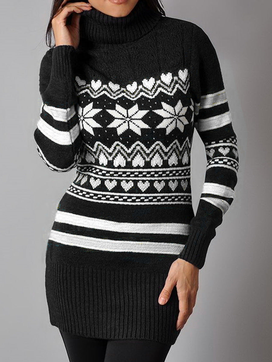 Women's Sweater Jumper Dress Casual Dress Short Long Sleeve Heart Snowflake Knit Print Fall Winter Turtleneck