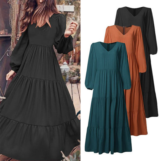 Women's Swing Dress long Dress Long Sleeve Ruched Pleated Patchwork Fall Spring V Neck Casual Lantern Sleeve