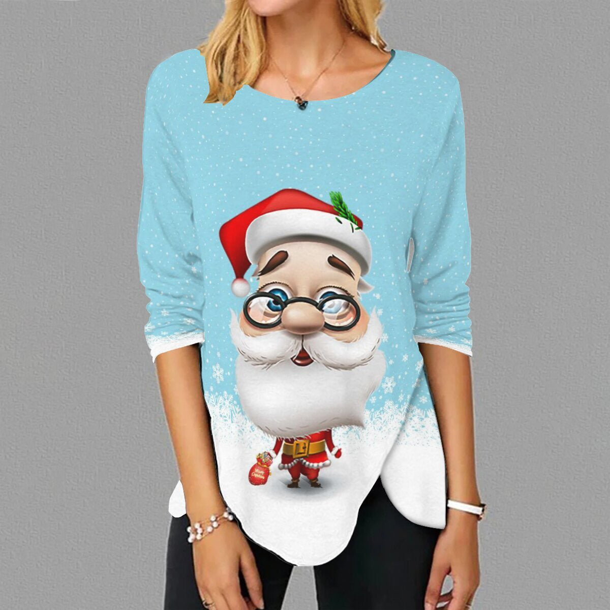 Women's T shirt Tee Santa Claus Snowflake Christmas Weekend Painting T shirt Tee Long Sleeve Print Round Neck