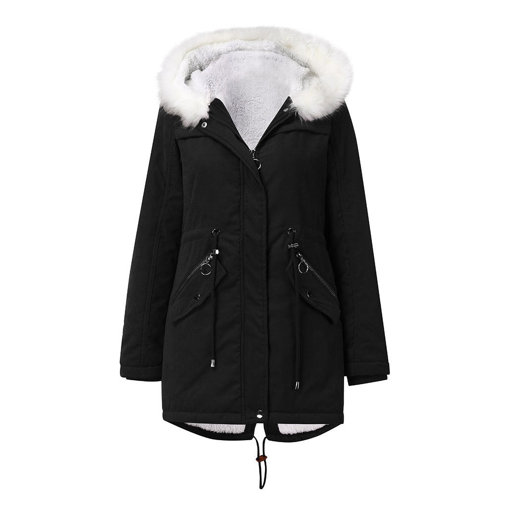 Women's Comfortable Street Style Zipper Pocket Drawstring Fur Collar Wear Vacation Coat Polyester
