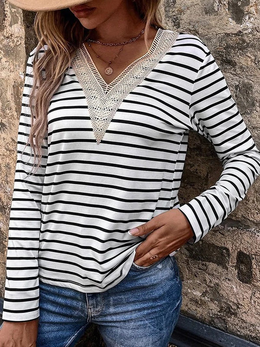 Women's T shirt Tee Striped Painting T shirt Tee Long Sleeve Lace Trims Print V Neck Basic Cotton