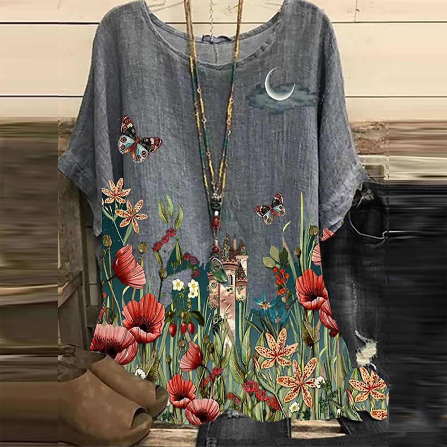 Women's Plus Size Curve Tops Blouse Shirt Floral Butterfly Print Short Sleeve Round Neck Vintage