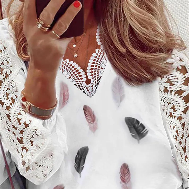 Spring Summer Fall Women‘s Lace Lace Top Printing Stitching Feather Long-Sleeved Shirt