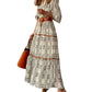 Women's A Line Dress Maxi long Dress Khaki Half Sleeve Print Ruched Print Fall Winter V Neck
