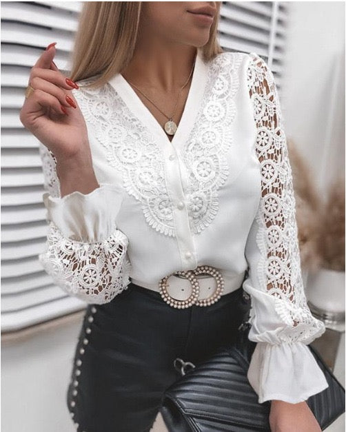Women's Blouse Plain Casual Daily Work Blouse Shirt Long Sleeve Lace V Neck Basic Vintage