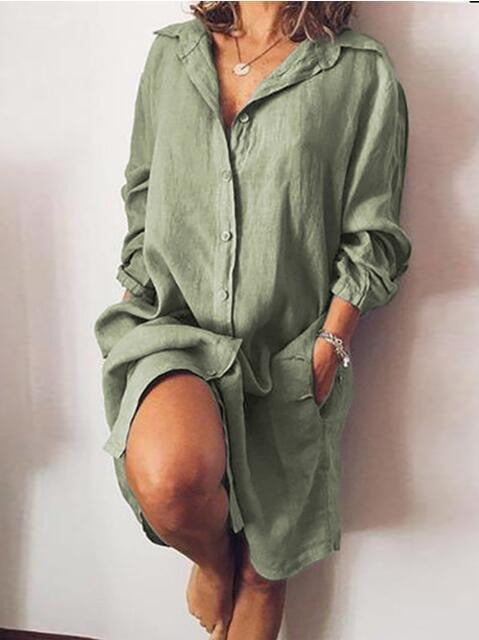 Women's Shirt Dress Cotton Linen Dress Knee Length Long Sleeve Solid Color Pure Color Pocket Button
