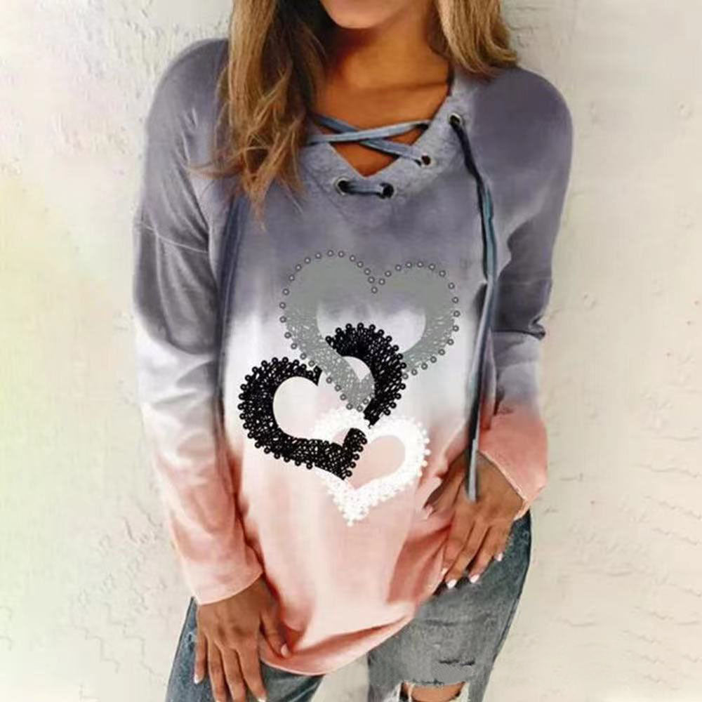 Women's Sweatshirt Pullover V Neck Heart Lace up Print 3D Print Streetwear Casual Hoodies Sweatshirts