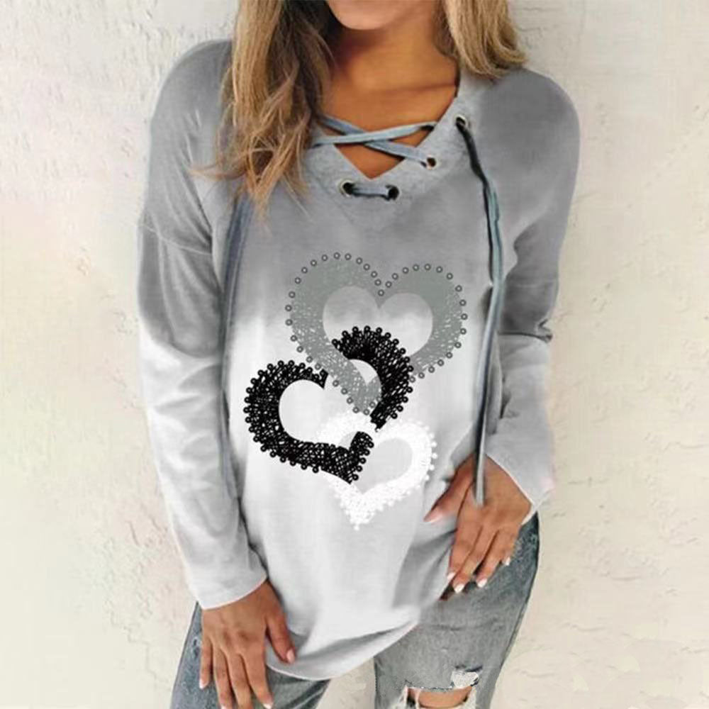 Women's Sweatshirt Pullover V Neck Heart Lace up Print 3D Print Streetwear Casual Hoodies Sweatshirts