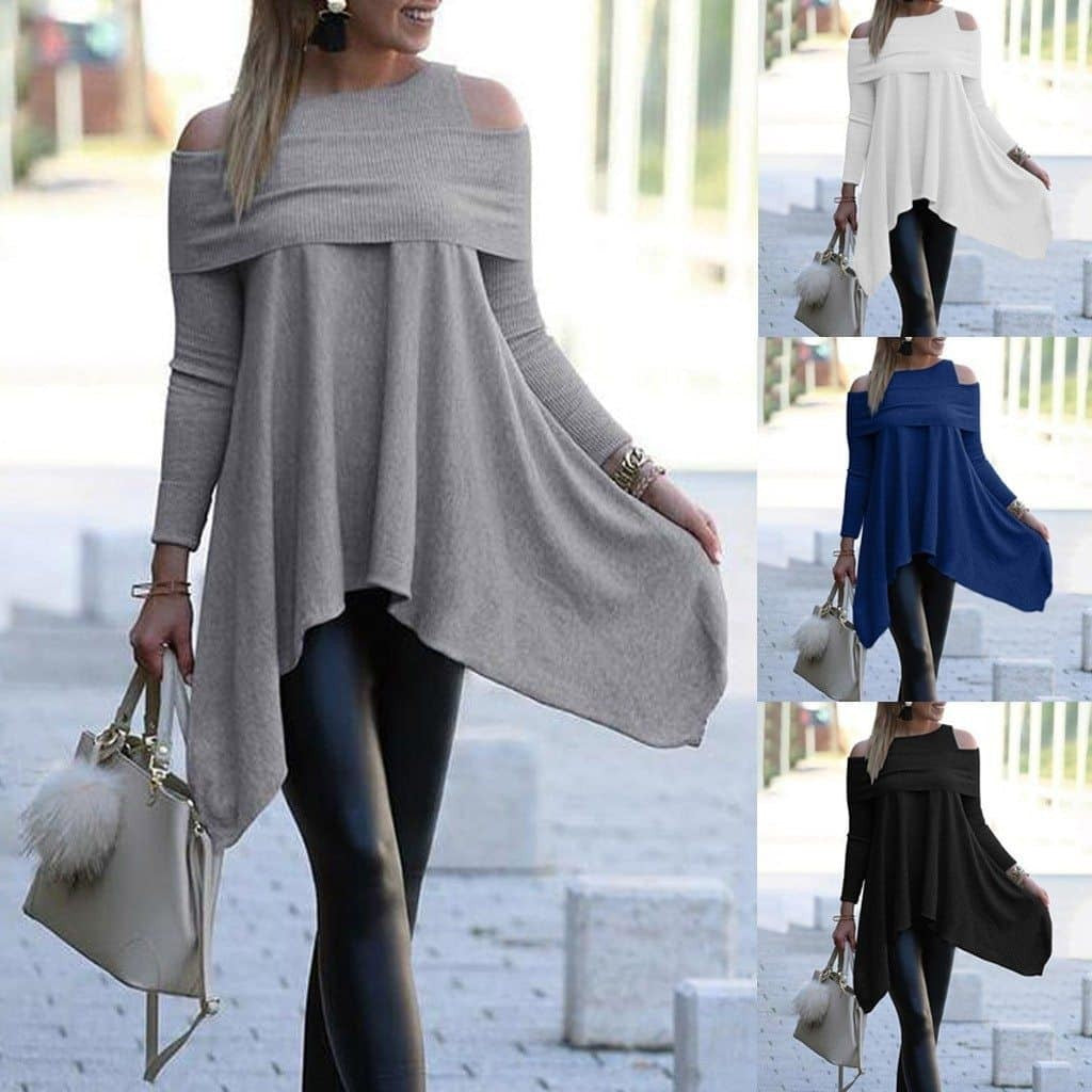 Women's Sweater Dress Short Long Sleeve Pure Color Cold Shoulder Knit Fall Winter Off Shoulder