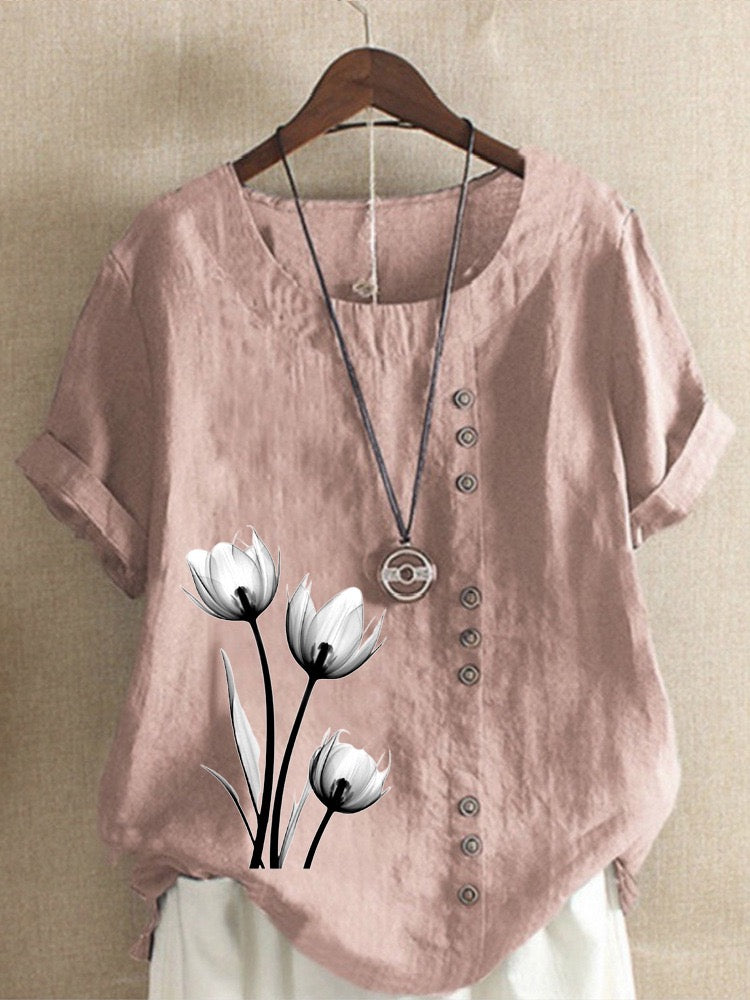 Women's Plus Size Curve Tops T shirt Floral Button Print Short Sleeve Crewneck Streetwear