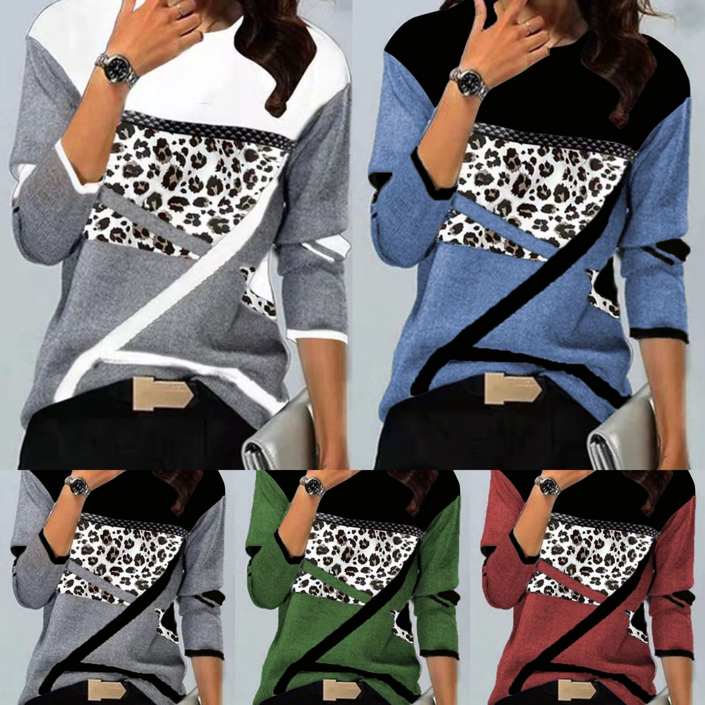 Women's Pullover Sweater Jumper Knit Patchwork Leopard Crew Neck Stylish Casual Fall Leopard leopard print
