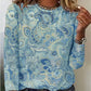 Women's T shirt Floral Casual Long Sleeve Patchwork Print Round Neck Ethnic Blue