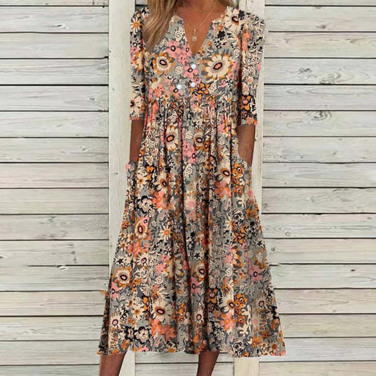 Women's A Line Dress Half Sleeve Floral Print Fall Winter V Neck Casual