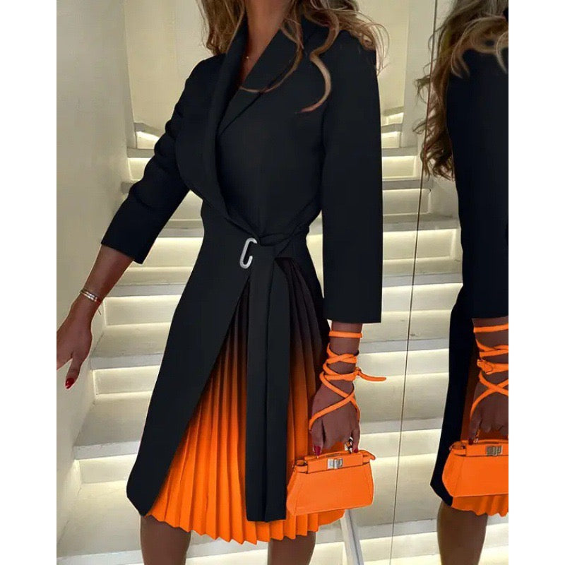 Women's Blazer Dress Knee Length Dress Long Sleeve Color Gradient Lace up Ruched Pleated Fall Winter Shirt