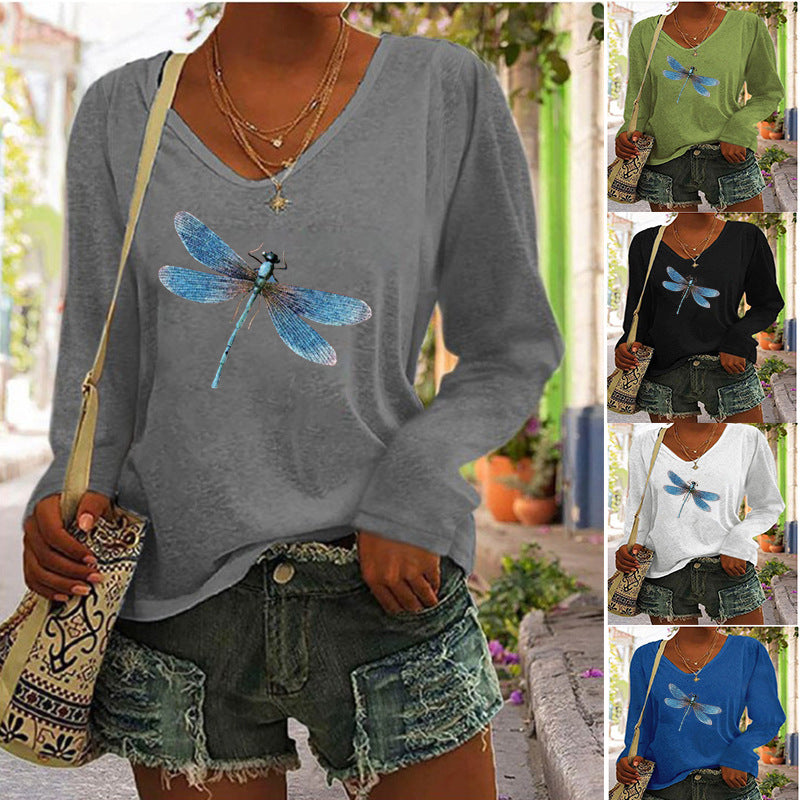 Women's T shirt Graphic Print Long Sleeve Casual Weekend Basic V Neck Regular Cotton Painting