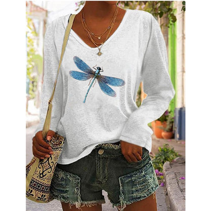 Women's T shirt Graphic Print Long Sleeve Casual Weekend Basic V Neck Regular Cotton Painting
