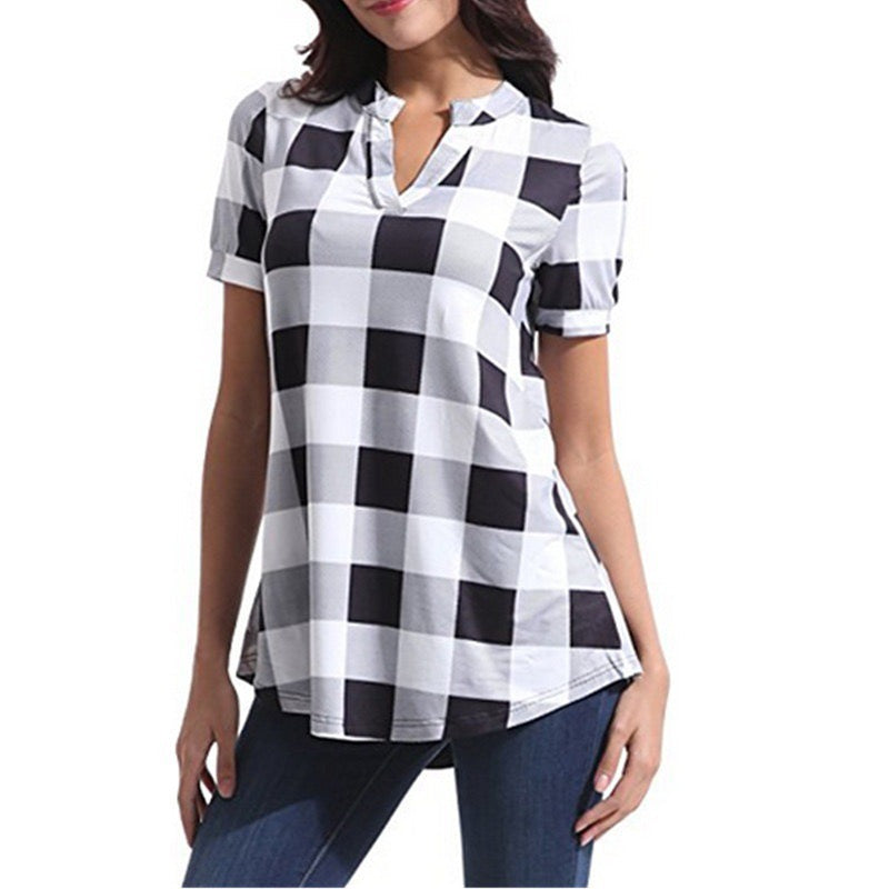 Women‘s Blouse Shirt Pattern Check Sting Collar T-shirt Sleeve Regular Summer