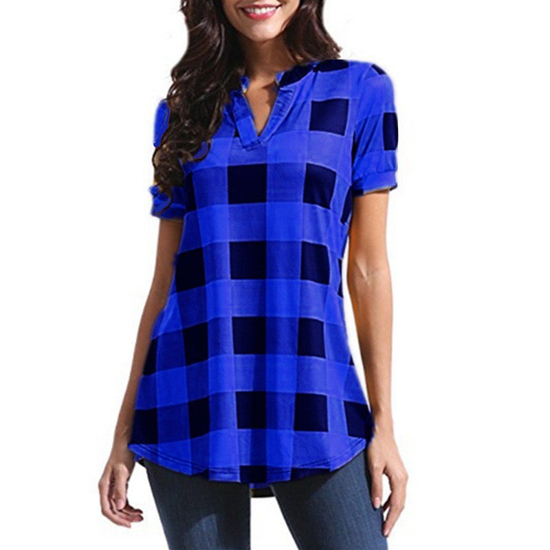 Women‘s Blouse Shirt Pattern Check Sting Collar T-shirt Sleeve Regular Summer