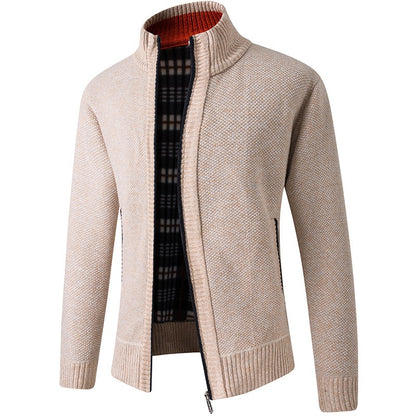 Men's Cardigan Casual Winter Thick Fleece Full Zip Knitted Cardigan Sweater Jacket with Pockets Stand Collar