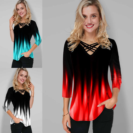Women's Plus Size Tops Blouse Color Gradient Print 3/4 Length Sleeve V Neck
